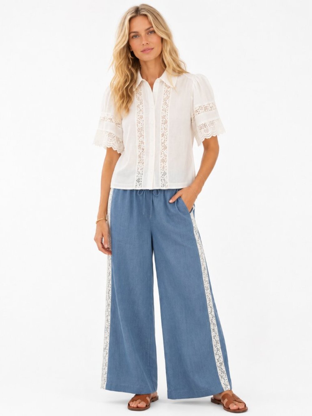 Caroline Constas Linen Blend Lace Trim Wide Leg Pants Blue L